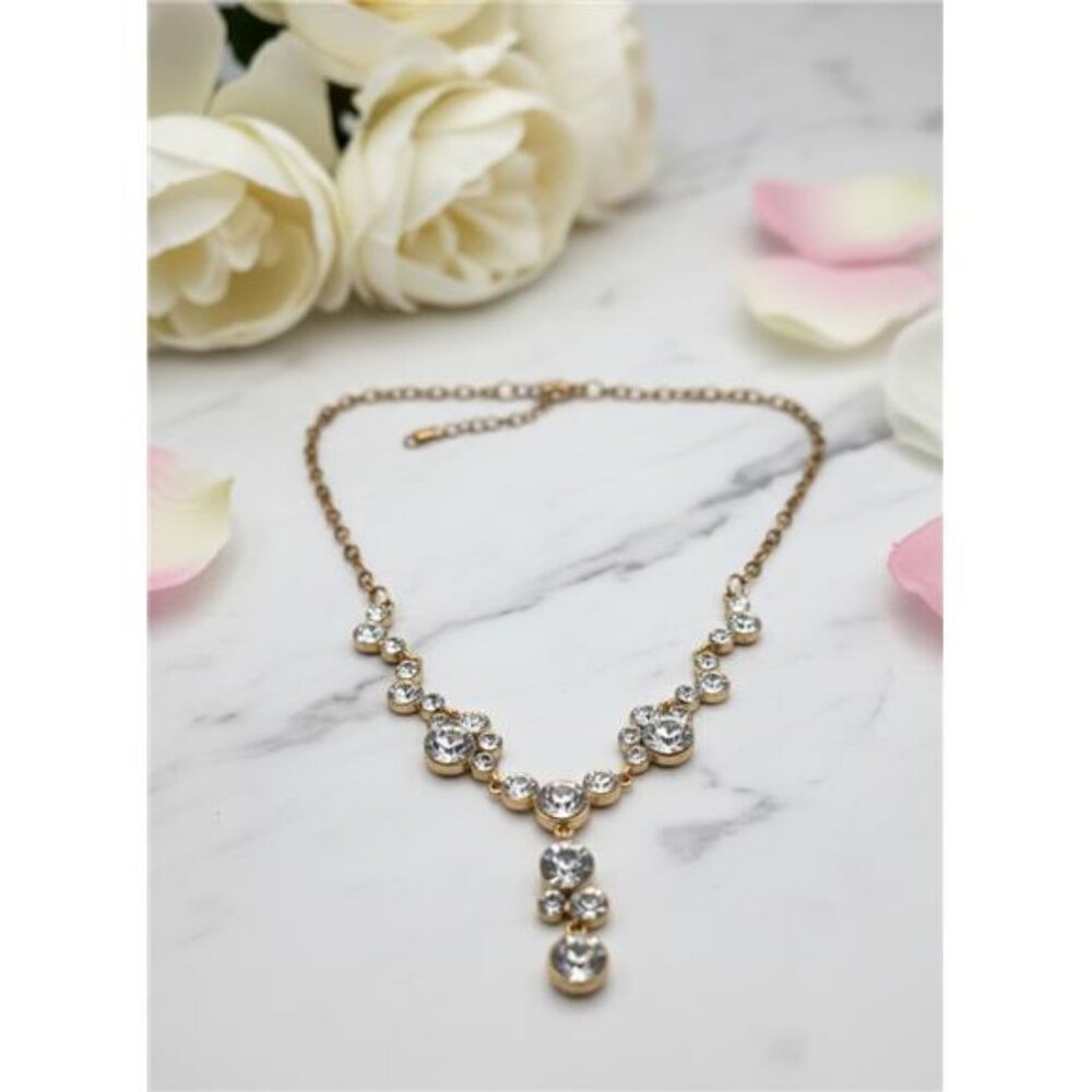 Gold Tone Clear Crystal Sparkle Y Drop Necklace 19 In Adjustable Statement